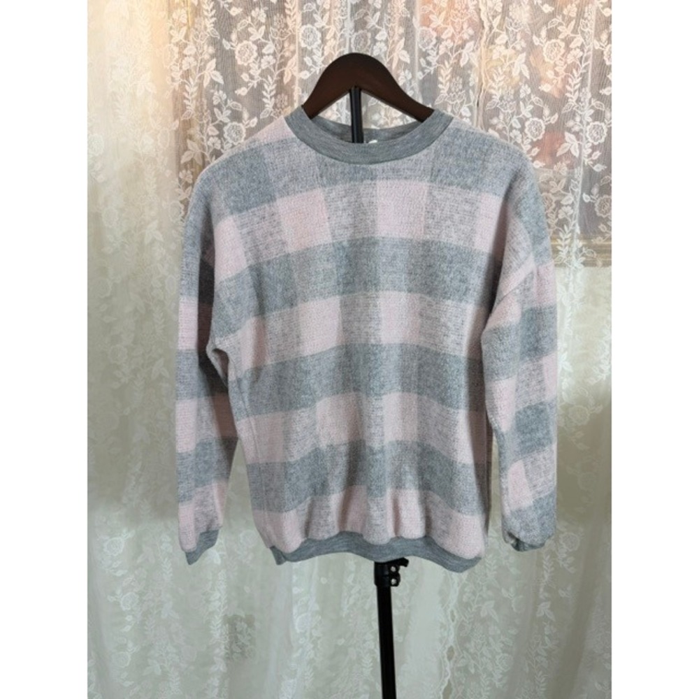 Vintage Kneat Knits Pink Grey Buffalo Plaid Check Crewneck Sweater Made in USA